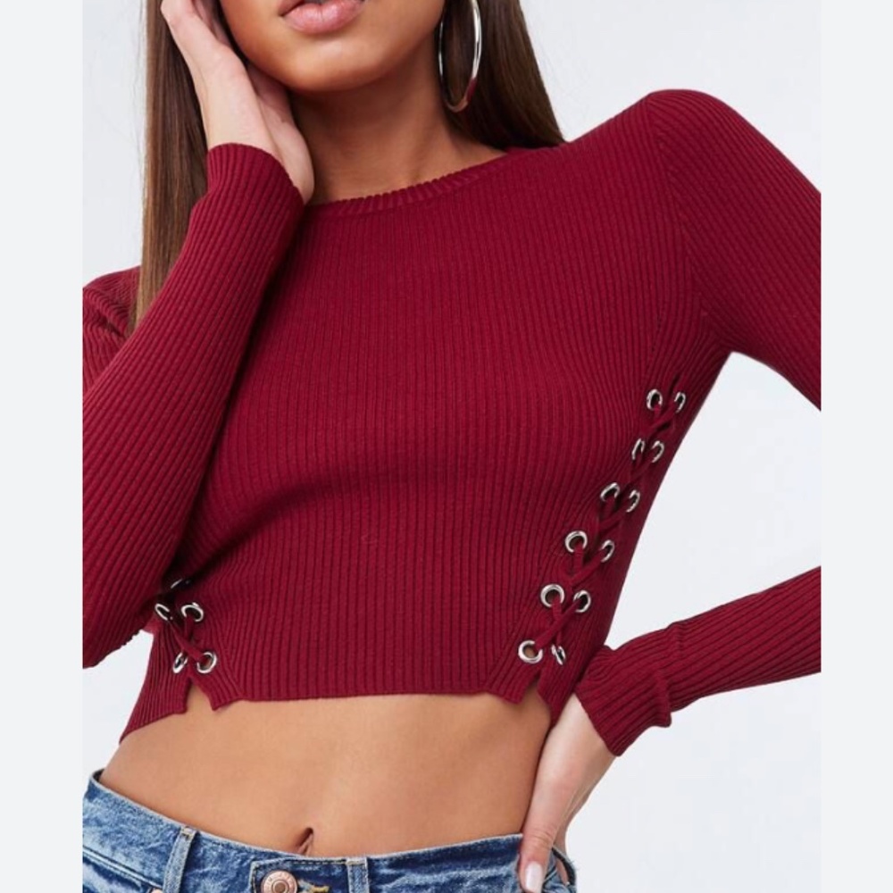 ❤️ Forever 21 Red Cropped Sweater w/ Silver Eyelet Side Ties | Women’s S |